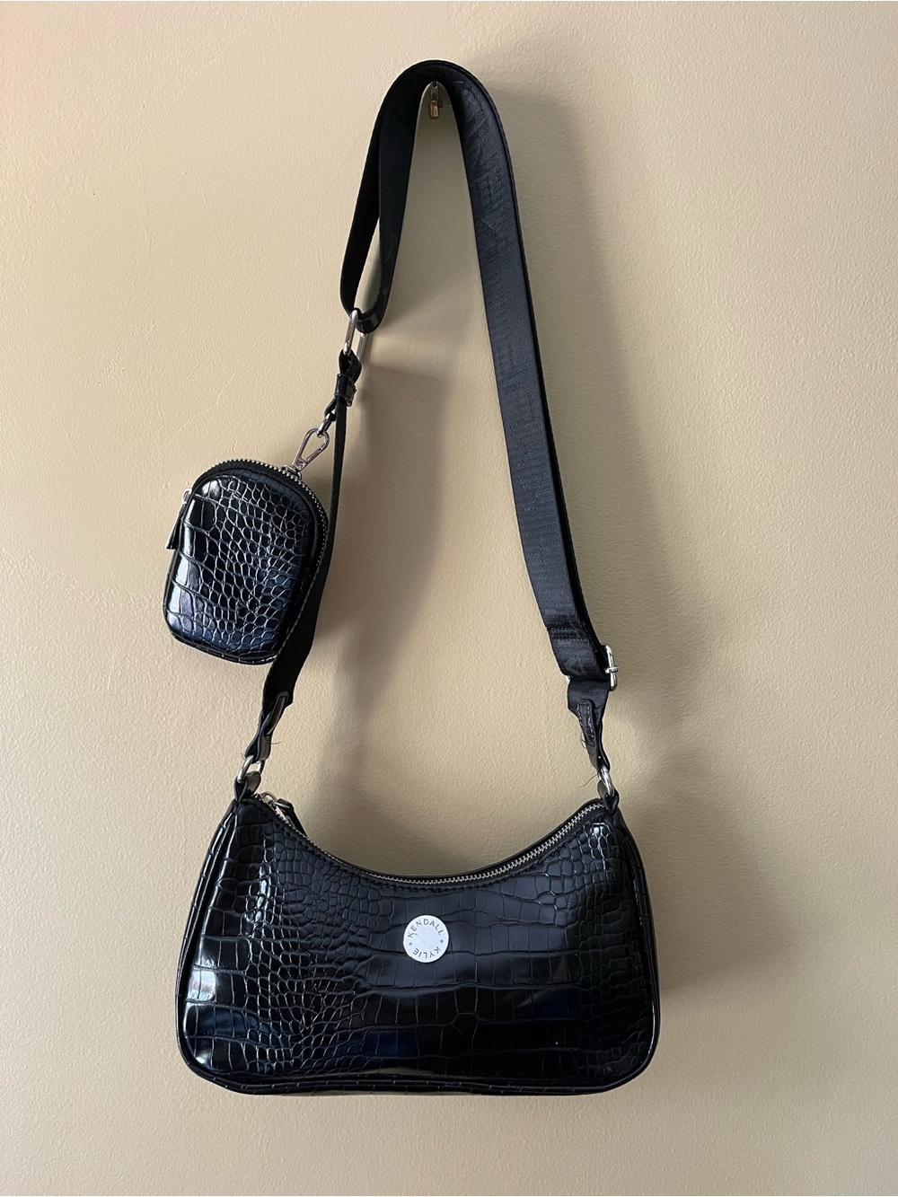Kendall & Kylie Black Croc-Embossed Shoulder Bag with Coin Pouch